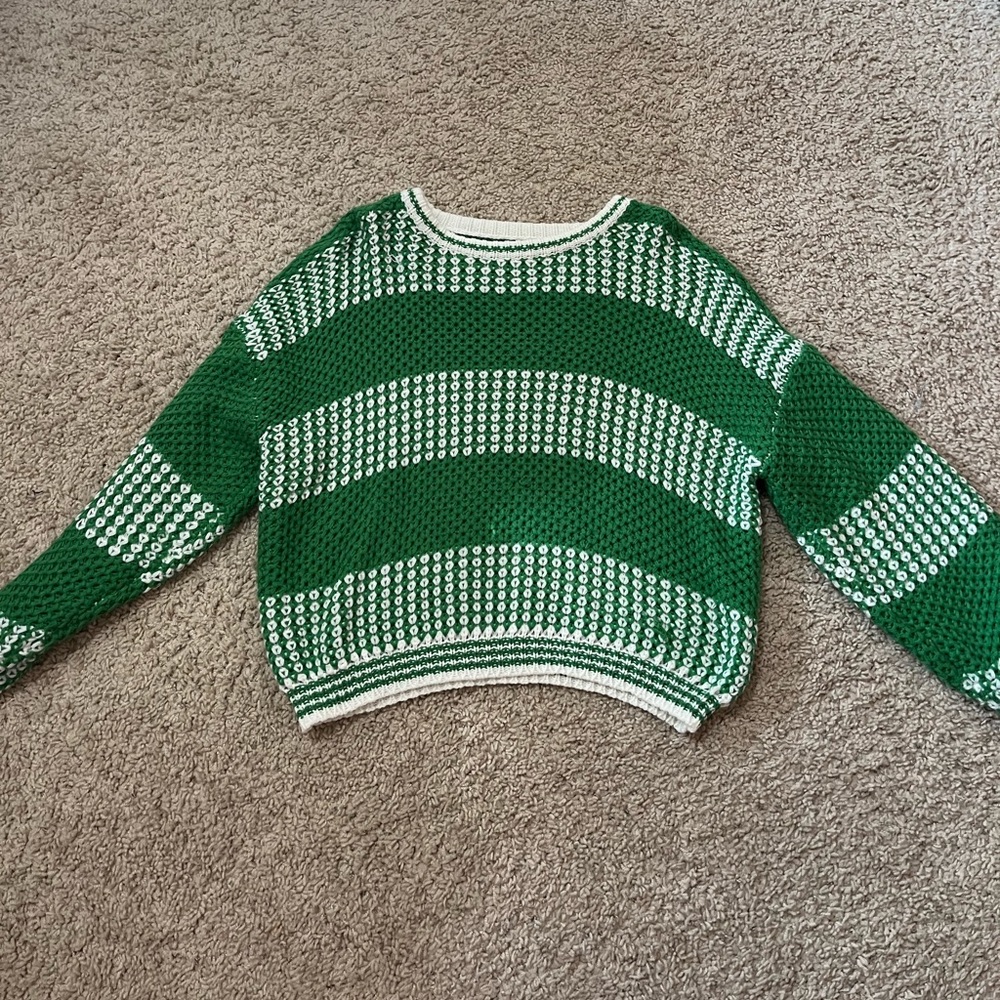 green and white knitted sweater- medium